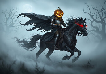 Headless horseman with jack-o'-lantern head riding a black horse with glowing red eyes