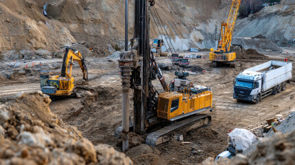 Construction site with heavy machinery working on earth excavation and drilling, showing dynamic industrial activity