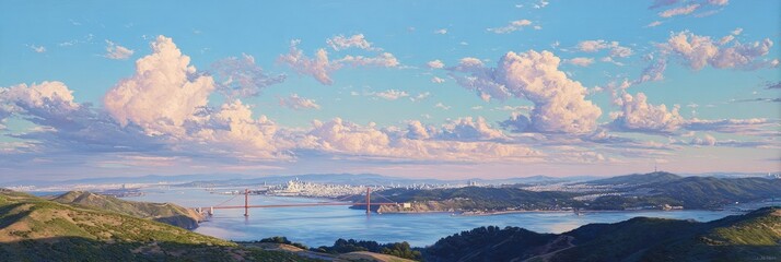 Panoramic view of a bay with a bridge, pastel clouds, and hills