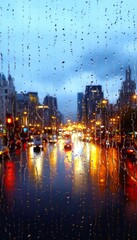 Fototapeta premium Stunning Blurred Nighttime Cityscape with Raindrops Creating a Dramatic Urban Light Display