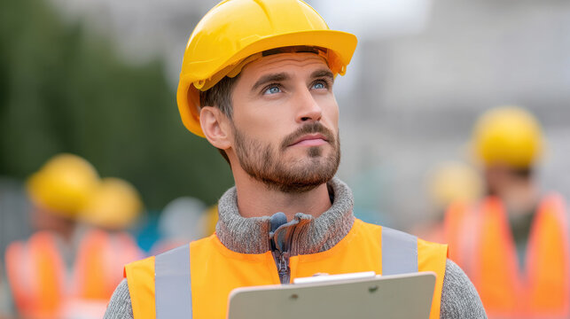 Construction worker with yellow helmet and orange safety vest holding clipboard, looking thoughtfully with blue eyes outdoors