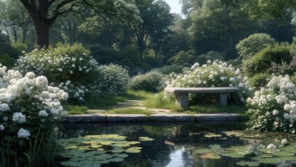 Fototapeta premium Lush Garden Sanctuary with Stone Bench, Lily Pond, and White Blooms