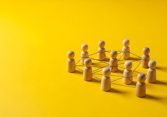 Wooden figures connected by lines on a yellow background, symbolizing teamwork, collaboration, and communication within a group or organization, representing interpersonal relationships and unity.