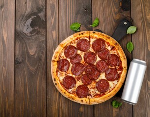 Flat lay, directly overhead, whole pepperoni pizza on rustic wood board, neat crumbs  505154