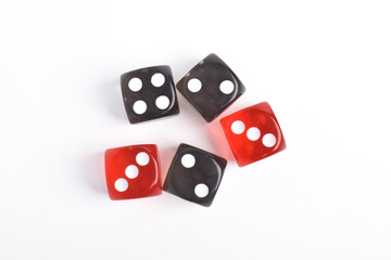 Black and red dices isolated on white background, top view