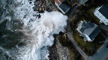 Rough ocean wave crashing against rocky shoreline near coastal houses on cloudy day with dramatic water splash