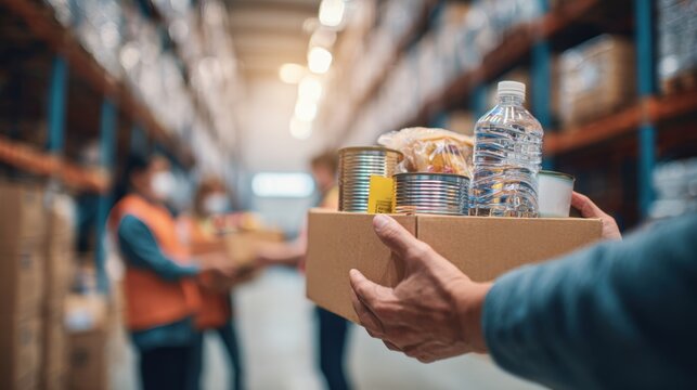 Community volunteer hands delivering food essentials in a warehouse for charity,World Humanitarian Day