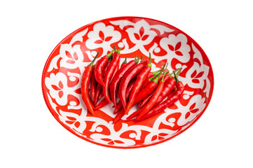Hot Red chili peppers in a plate isolated on white background. top view