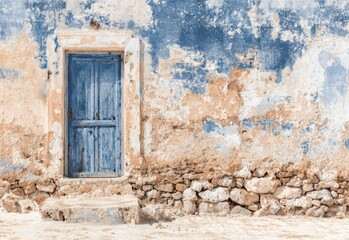 Aged blue door on weathered stucco wall