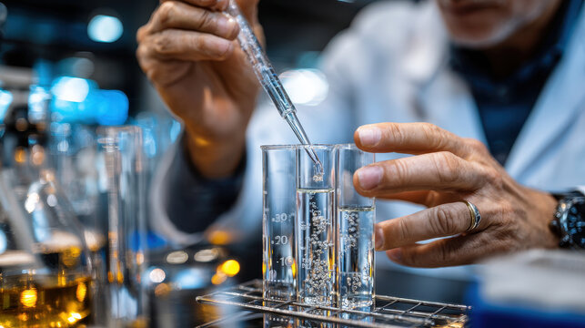 Scientist conducting experiment with clear liquid in glass test tubes using dropper in laboratory setting