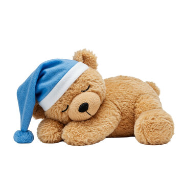 A soft, brown teddy bear wearing a blue sleeping hat rests peacefully. The bear has a round face and closed eyes, conveying a sense of calm and comfort.
