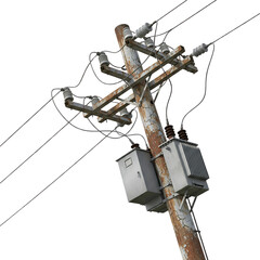 Obraz premium electric pole with power lines, high detail utility infrastructure, realistic metal texture and insulator components isolated on transparent background PNG