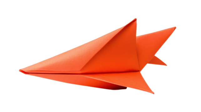 An origami airplane made from bright orange paper, displaying precise folding techniques and a sleek design - Powered by Adobe