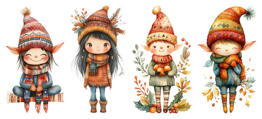 Fototapeta premium Four cute winter elves wearing cozy hats and scarves isolate elf fantasy