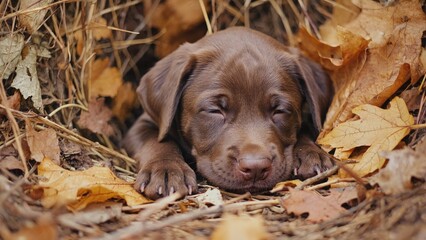 Chocolate Labrador puppy in autumn park