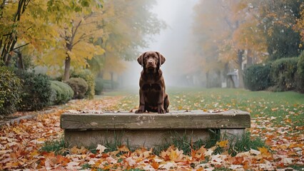 Chocolate Labrador puppy in autumn park