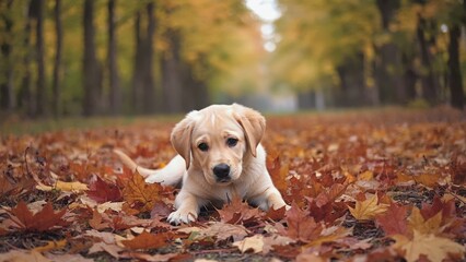 Golden retriever puppy in autumn park