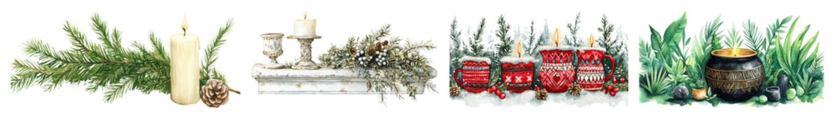 Festive Christmas vignette with candles pine branches ornate candlestick mugs and greenery transparent background