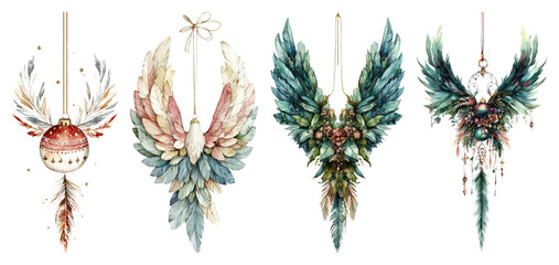 Four decorative feather ornaments featuring angels one with a Christmas bauble transparent background