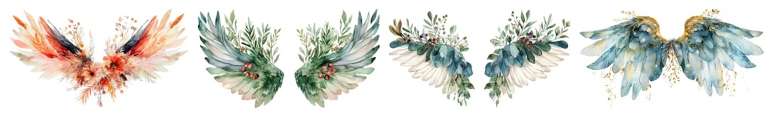 Fototapeta premium Four decorative watercolor angel wings featuring floral and foliage elements isolate