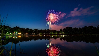 Fireworks exploding over a serene lake, mirrored perfectly in the still water.