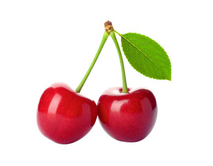 Two ripe red cherries with a green leaf isolated on transparent background