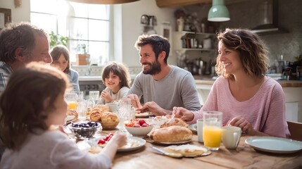 Happy family having breakfast together in the kitchen.