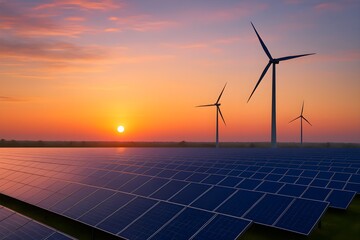 Majestic sunset over a vast solar farm with towering wind turbines generating clean renewable energy for a sustainable future