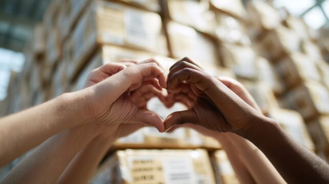 Unity and diversity concept with multiracial hands forming heart shape in warehouse setting,World Humanitarian Day