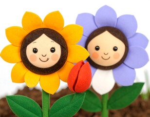 Two felt flower figures with faces, one red tulip