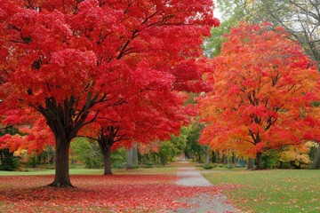 Autumnal path lined with vibrant red and orange maple trees