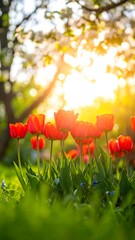 Vibrant red tulips bask in warm sunset light, surrounded by lush green grass and blurred flowering trees