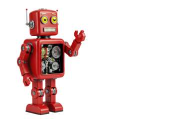Friendly, vibrant red retro-futuristic robot with yellow eyes, open chest showing gears, arm raised, on a transparent studio background, ample copy space right. Optimistic concept of future