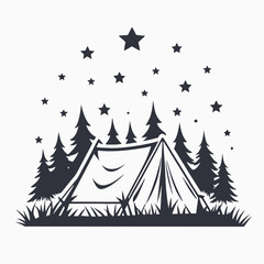 Obraz premium Night camping with tent, trees, and stars icon on white background