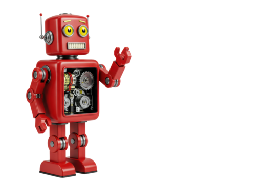 Friendly, vibrant red retro-futuristic robot with yellow eyes, open chest showing gears, arm raised, on a transparent studio background, ample copy space right. Optimistic concept of future - Powered by Adobe