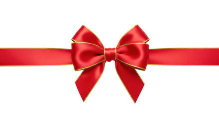 Perfectly tied, symmetrical red satin ribbon bow with rich gold metallic trim on a pristine transparent background with negative space, conveying festive elegance