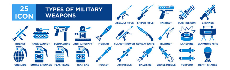 Types of Military Weapons icon collection set. Assault Rifle, Sniper Rifle, Handgun, Machine Gun, Grenade Launcher
