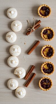 Meringue cookies, mini tarts, cinnamon sticks, baked dessert selection