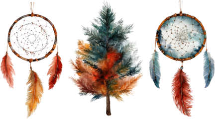 Watercolor dreamcatchers flanking a stylized pine tree with vibrant autumn foliage isolate