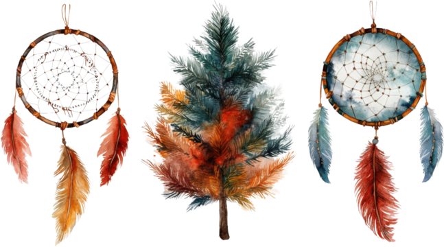 Watercolor dreamcatchers flanking a stylized pine tree with vibrant autumn foliage isolate