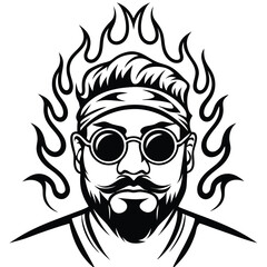 Line Art Style Portrait of Bearded Man with Flames and Round Glasses