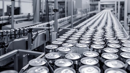 Obraz premium Automated Beverage Production Line Aluminum Cans on Conveyor Belt for Efficient Filling and Packaging in a Modern Industrial Factory Setting