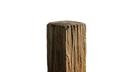 A solitary, upright weathered wooden post with deep earthy tones, rich texture, against a minimalist corporate neutral background with soft diffused natural light, concept of enduring quality