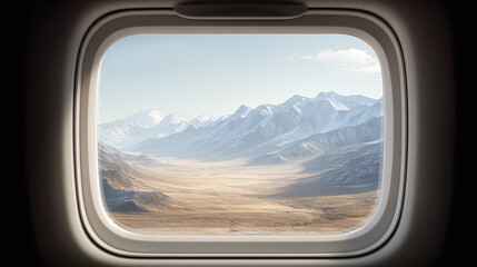 Fototapeta premium Aerial view from airplane window, overlooking majestic snow-capped mountains and a vast valley under a clear blue sky.