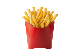 Golden french fries in red container isolated on transparent background