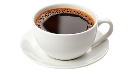 Rich, aromatic coffee fills a white cup placed on a matching saucer, inviting warmth and comfort