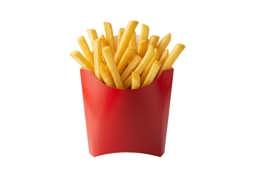 Golden french fries in red container isolated on transparent background