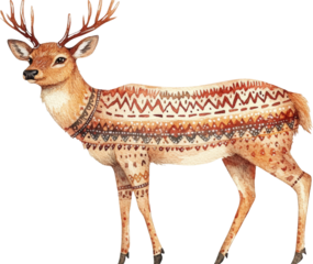 Watercolor illustration of a deer with ornate tribal patterns on its body transparent background