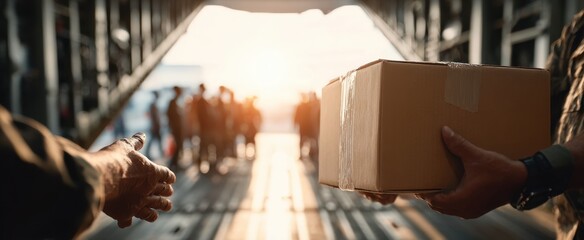 Humanitarian aid delivery scene with box on cargo plane at sunrise