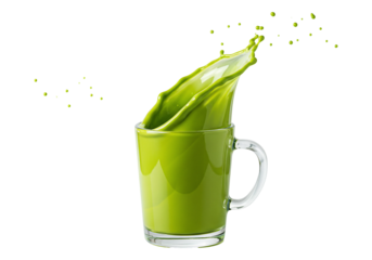 Green liquid splash from a clear glass mug on graphic background